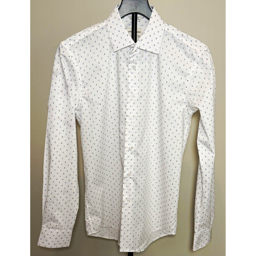 Lucky Brand Men Slim Fit White/Blue Geometric Stretch Dress Shirt 14/14.5 32/33